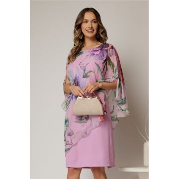 Rochie midi roz eleganta cu capa din voal cu imprimeu floral