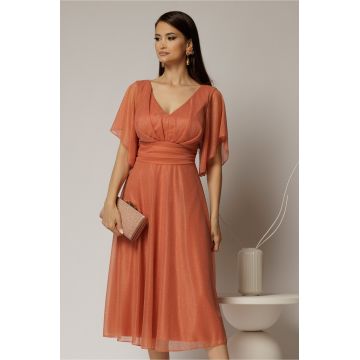 Rochie midi roz somon din voal cu sclipici si decolteu in V