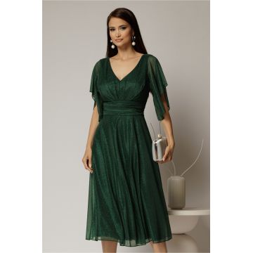 Rochie midi verde din voal cu sclipici si decolteu in V