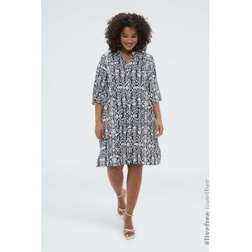 Rochie scurta cu decolteu in V si model oriental - Alb/Bleumarin