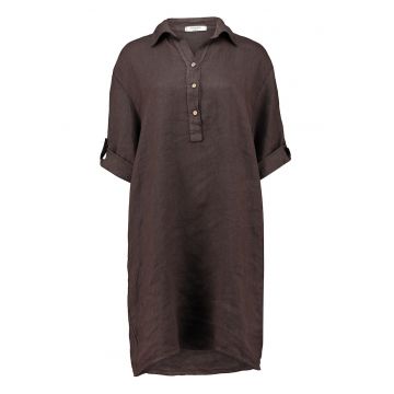 Rochie scurta din in cu buzunare laterale - Maro inchis