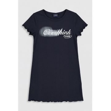 Rochie-tricou cu terminatii valurite - Alb optic/Bleumarin