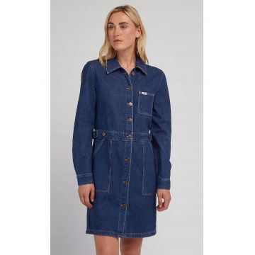 Rochie  Workwear Mid Cascade - bumbac - albastru - maneca scurta - fermoar si nasturi -