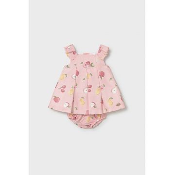 Set de rochie din amestec de in cu model si chiloti - 2 piese - Roz pastel