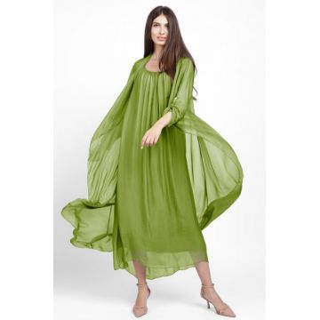 Blazer dama lung din matase, croi fluid pentru layering, verde oliv