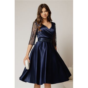 Rochie Adria bleumarin din tafta in clos cu cordon in talie