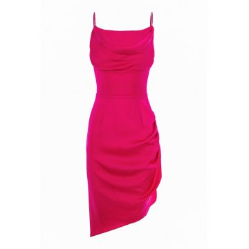 Rochie asimetrica cu falduri laterale - Roz zmeuriu
