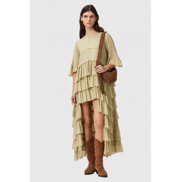 Rochie asimetrica din bumbac organic cu volane Cavarly - Masliniu deschis