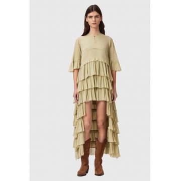 Rochie asimetrica din bumbac organic cu volane Cavarly - Masliniu deschis