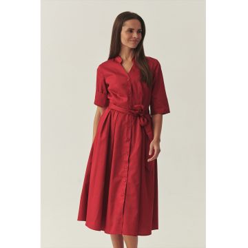 Rochie-camasa cu maneci medii si cordon in talie - Rosu vermillion