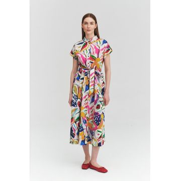 Rochie-camasa de bumbac cu cordon - Rosu/Alb/Galben sofran