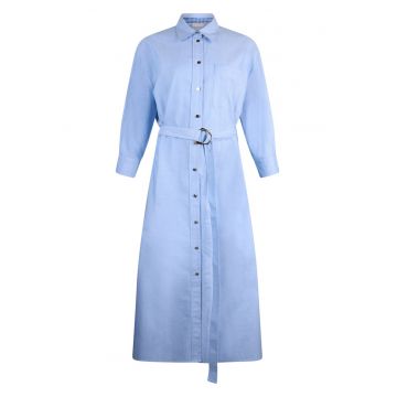 Rochie-camasa din bumbac cu cordon in talie - Albastru deschis