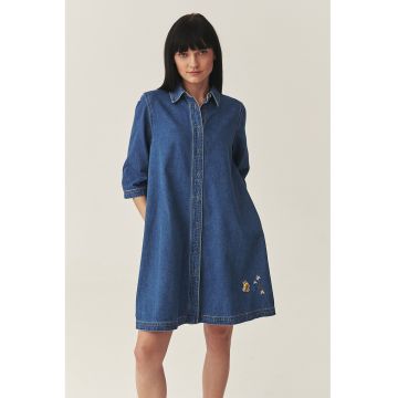 Rochie-camasa din denim cu broderii florale - Albastru oceanic