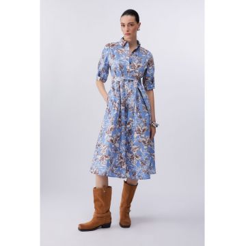 Rochie-camasa midi de poplin cu cordon in talie - Albastru deschis