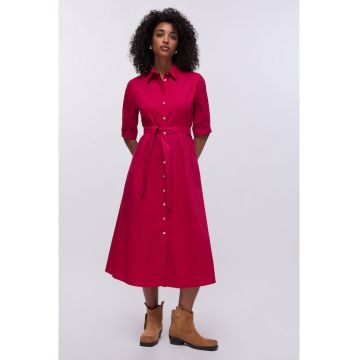 Rochie-camasa midi de poplin cu cordon in talie - Bej