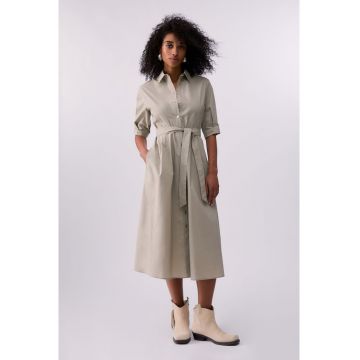 Rochie-camasa midi de poplin cu cordon in talie - Gri