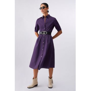 Rochie-camasa midi de poplin cu cordon in talie - Violet aubergine