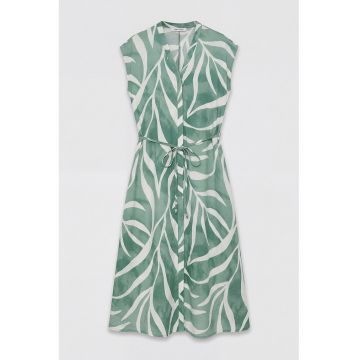 Rochie cu cordon in talie si model - Alb/Verde aquamarin