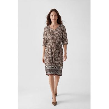 Rochie cu decolteu in V - model si cordon in talie - Maro cognac/Alb murdar