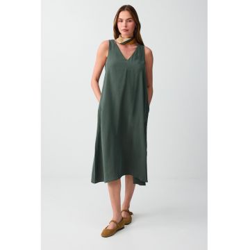 Rochie cu decolteu in V si buzunare - Verde englez