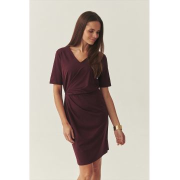 Rochie cu decolteu in V si detaliu drapat in zona taliei - Violet pruna
