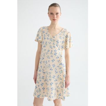 Rochie cu decolteu in V si model floral - Albastru/Bej deschis