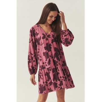Rochie cu decolteu in V si model floral - Fucsia/Violet tyrian