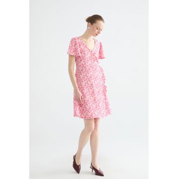 Rochie cu decolteu in V si model floral - Roz