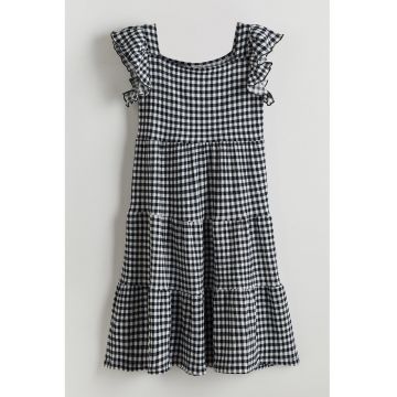 Rochie cu decolteu patrat si model in carouri - Alb optic/Bleumarin