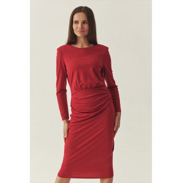 Rochie cu maneci lungi si detalii drapate - Rosu vermillion