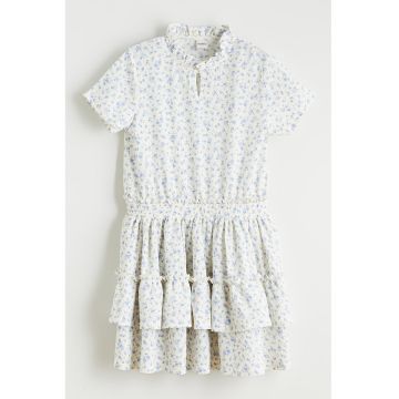 Rochie cu maneci scurte si model floral - Alb murdar/Albastru