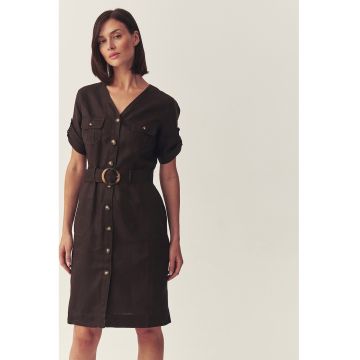 Rochie cu nasturi si decolteu in V - Maro