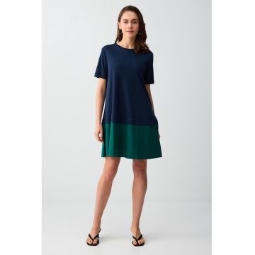 Rochie de bumbac cu model colorblock - Verde englez/Bleumarin