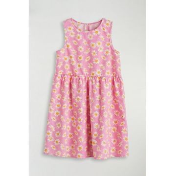 Rochie de bumbac cu model floral - Alb/Roz deschis/Galben sofran