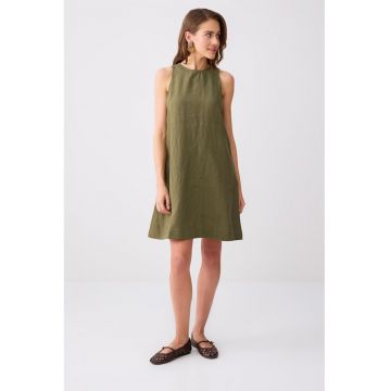 Rochie de in - fara maneci - Verde masliniu