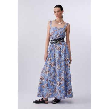 Rochie de poplin cu croiala evazata si cordon in talie - Albastru deschis