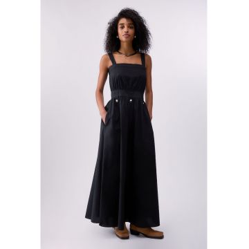 Rochie de poplin cu croiala evazata si cordon in talie - Negru