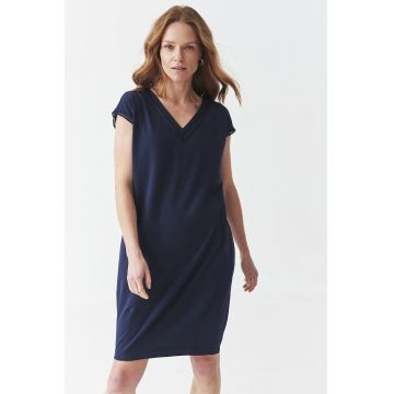 Rochie din amestec de bumbac cu decolteu in V - Bleumarin