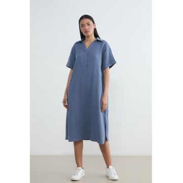 Rochie din amestec de bumbac cu nasturi - Albastru prafuit