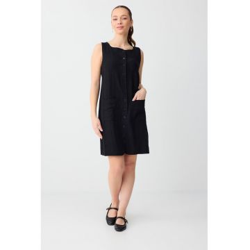 Rochie din amestec de in cu buzunare - Negru