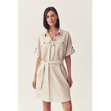Rochie din amestec de in cu cordon in talie - Bej deschis