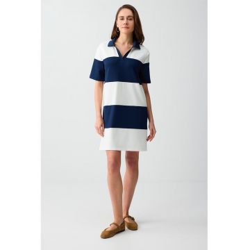 Rochie din amestec de modal cu dungi - Alb optic/Bleumarin