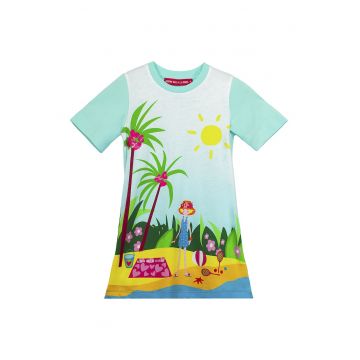 Rochie din bumbac cu croiala dreapta si imprimeu - Verde - Galben - Albastru aquamarin -