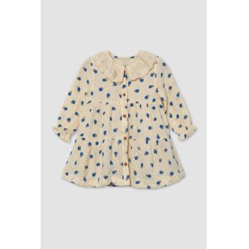 Rochie din bumbac cu imprimeu si guler Peter Pan - Maro nisip/Albastru
