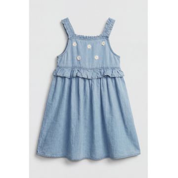 Rochie din denim cu volane si broderii florale - Albastru deschis