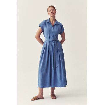 Rochie din in si lyocell cu broderie - Albastru deschis