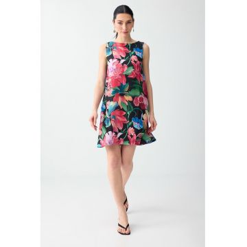 Rochie dreapta cu model floral si decolteu barcuta - Multicolor