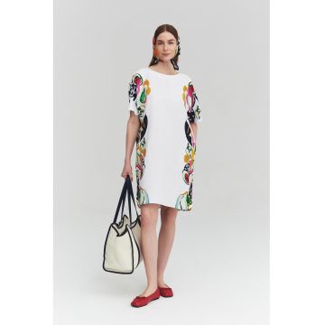 Rochie dreapta din amestec de in cu model grafic - Alb/Albastru ultramarin/Galben sofran