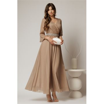 Rochie DY Fashion lunga bej din voal cu fir lurex