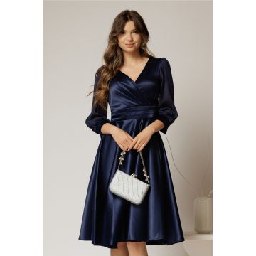 Rochie DY Fashion midi bleumarin din tafta cu maneci din voal cu lurex